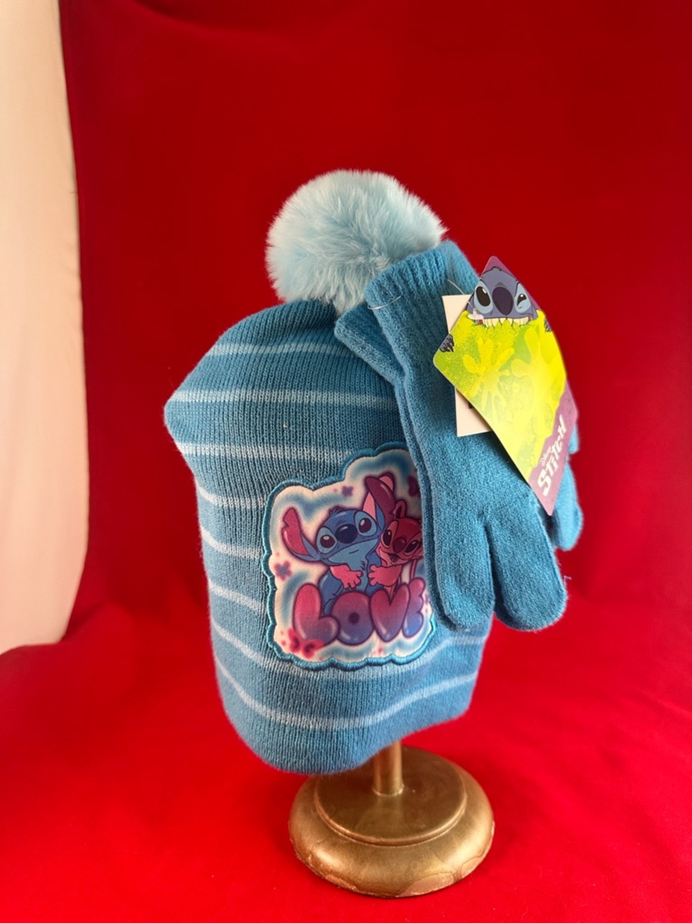 Disney Blue Striped Stitch Pom Beanie & Gloves Set